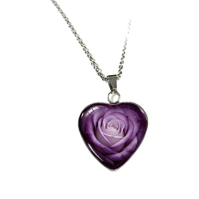 Elegant Purple Rose Heart Pendant Necklace – Luxurious Lavender Rose Jewelry, Minimalist Romantic Design, Perfect Gift for Her